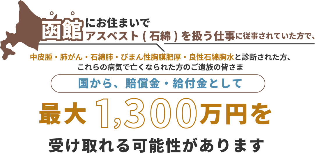 函館にお住まいで、アスベスト（石綿）を扱う仕事に従事されていた方で中皮腫・肺がん・石綿肺・びまん性胸膜肥厚・良性石綿胸水と診断された方、これらの病気で亡くなられた方のご遺族の皆さま 国から、賠償金・給付金として 最大1,300万円を 受け取れる可能性があります